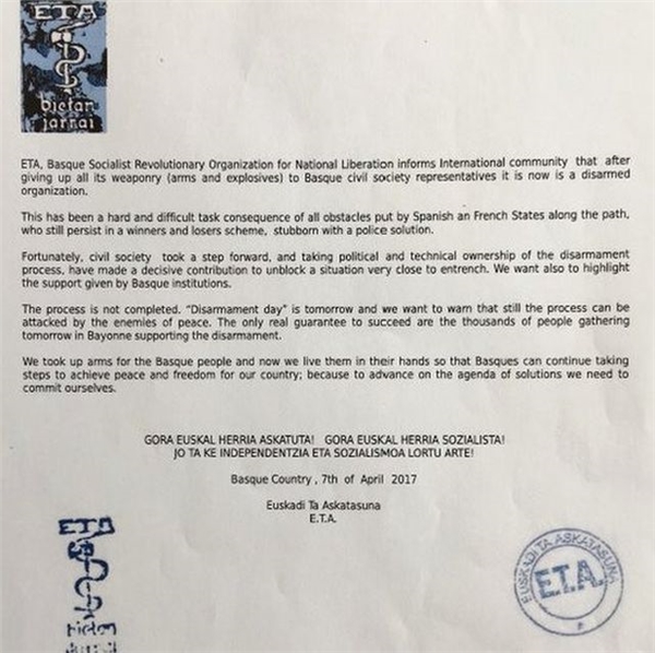 Eta, Silahlarını Teslim Etmeye Başladı