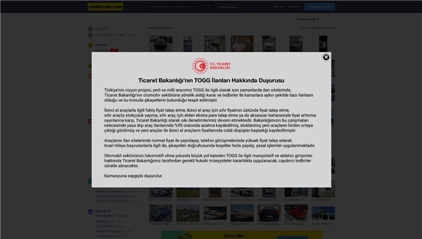 Ticaret Bakanlığı ve Sahibinden, manipülatif Togg ilanları için uyardı