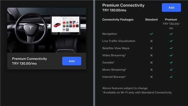 Tesla Premium Connectivity Türkiye'de 130 TL oldu