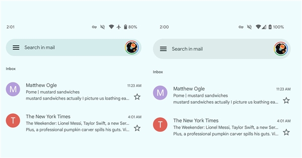 Gmail'deki arama çubuğu Material 3 tasarımına uygun olarak güncellendi