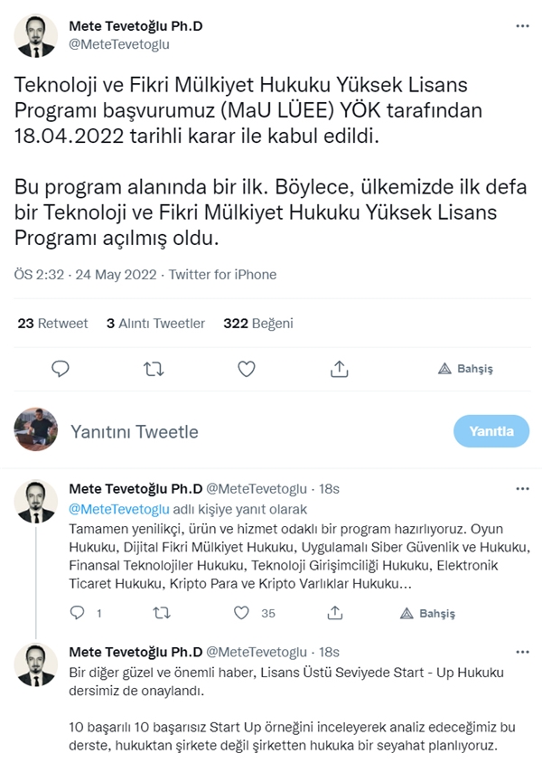 Yeni yüksek lisans programı: Teknoloji ve Fikri Mülkiyet Hukuku