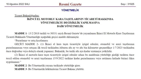 Resmi Gazete'de yayınlandı! İkinci el otomobil satışı yasaklandı