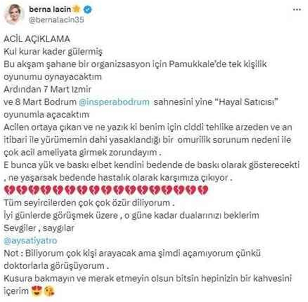 Ünlü Oyuncu Berna Laçin Acil Ameliyat Olacak Ünlü Oyuncu Berna Laçin Acil Ameliyat Olacak