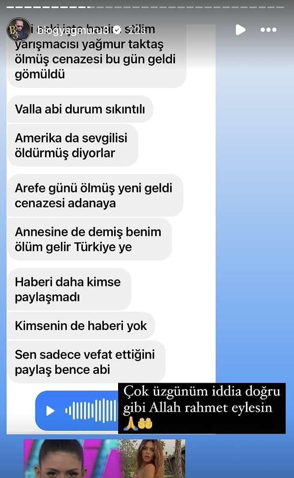 Blog Yağmuru'nun paylaşımına göre, eski sevgilisiyle arasının kötü olduğunu annesine daha önceden anlattığı söylenen Taktaş'ın
