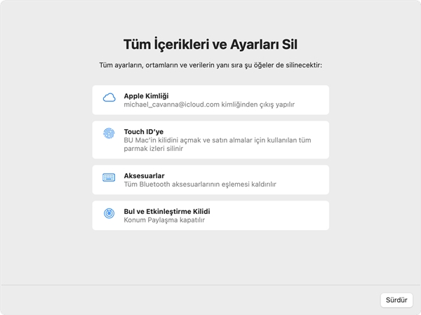 Kaldırılacak öğeleri gösteren macOS Tüm İçerikleri ve Ayarları Sil penceresi