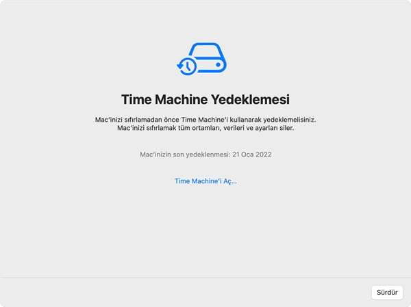 macOS Tüm İçerikleri ve Ayarları Sil Time Machine Yedeklemesi penceresi